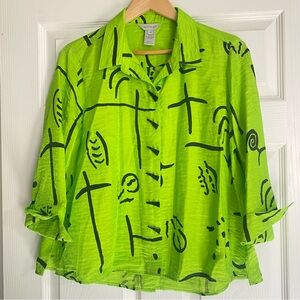Multiples Bright Lime Green Artistic Bold Button-Down Blouse